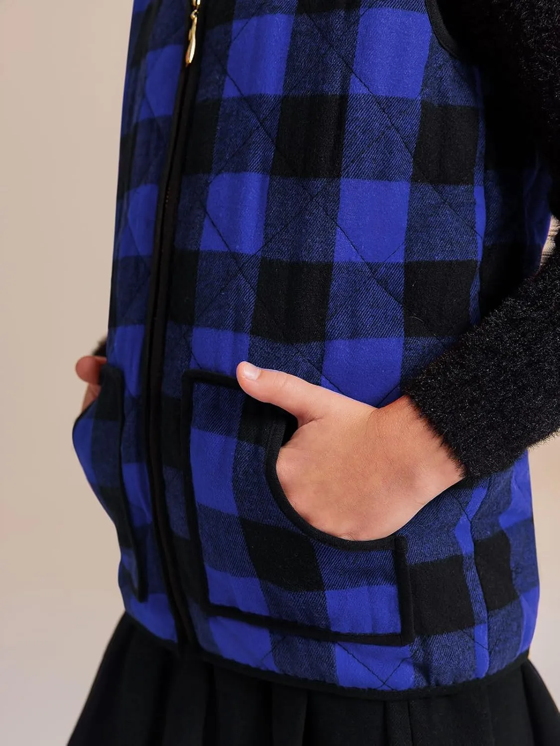 Ivay Girls Buffalo Cotton Plaid Quilted Vest Cute Puff Lined Gilet