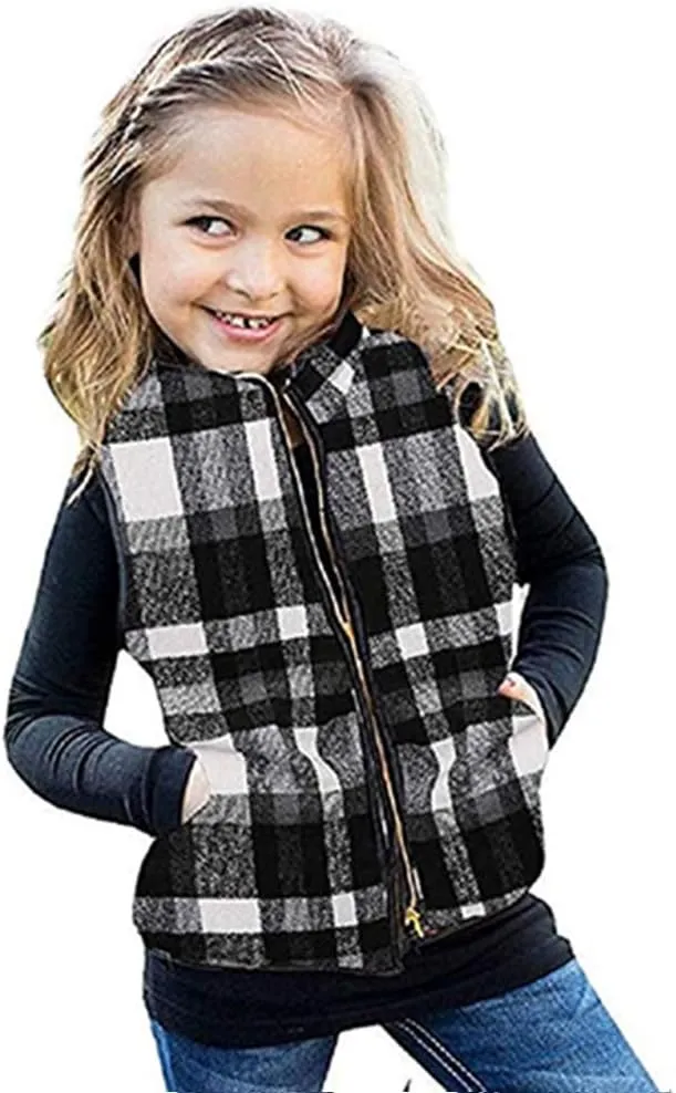 Ivay Girls Buffalo Cotton Plaid Quilted Vest Cute Puff Lined Gilet