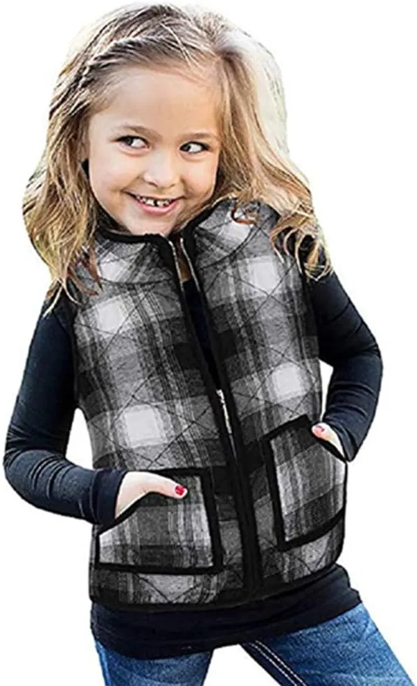 Ivay Girls Buffalo Cotton Plaid Quilted Vest Cute Puff Lined Gilet