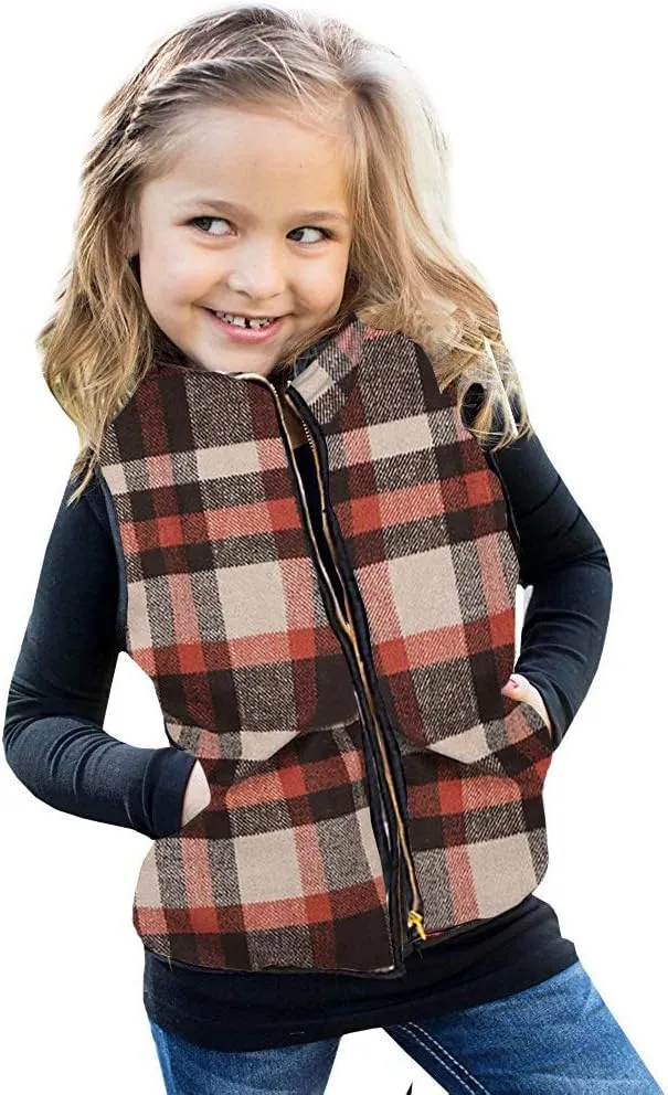 Ivay Girls Buffalo Cotton Plaid Quilted Vest Cute Puff Lined Gilet