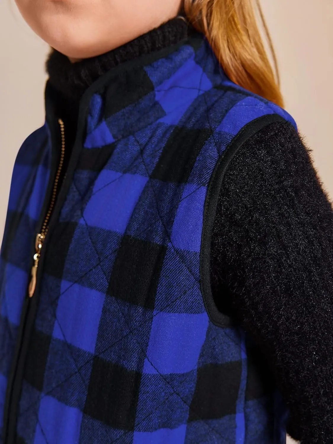 Ivay Girls Buffalo Cotton Plaid Quilted Vest Cute Puff Lined Gilet