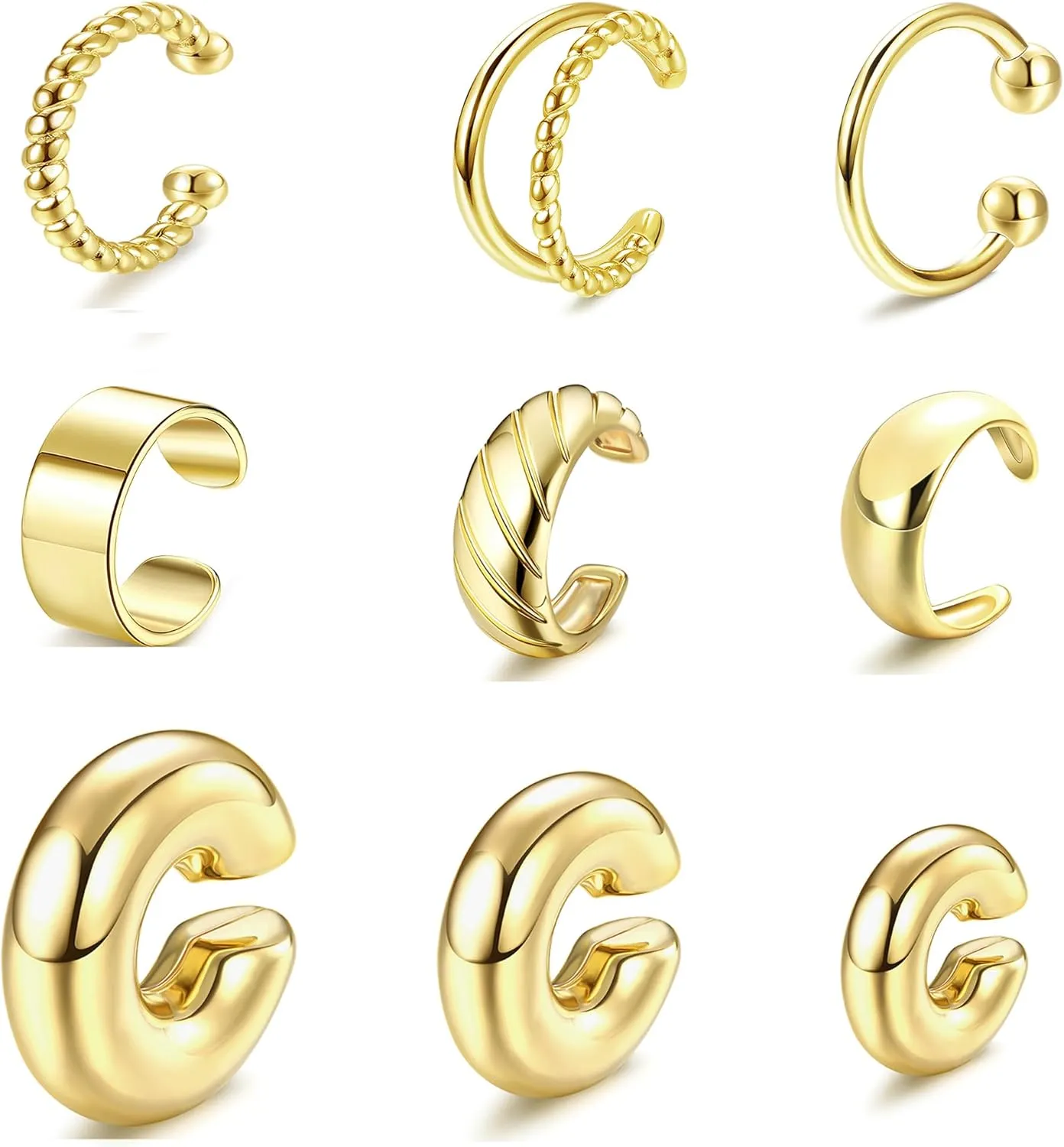 JeryWe 9/12/16 Pcs Gold Ear Cuffs for Women Non Piercing Jewelry 14k Gold Plated Adjustable/Chunky Hollow 4-7MM Ear Cuff Lightweight Trendy Thick Gold Jewelry Non-tarnish Clip on Cartilage Earrings