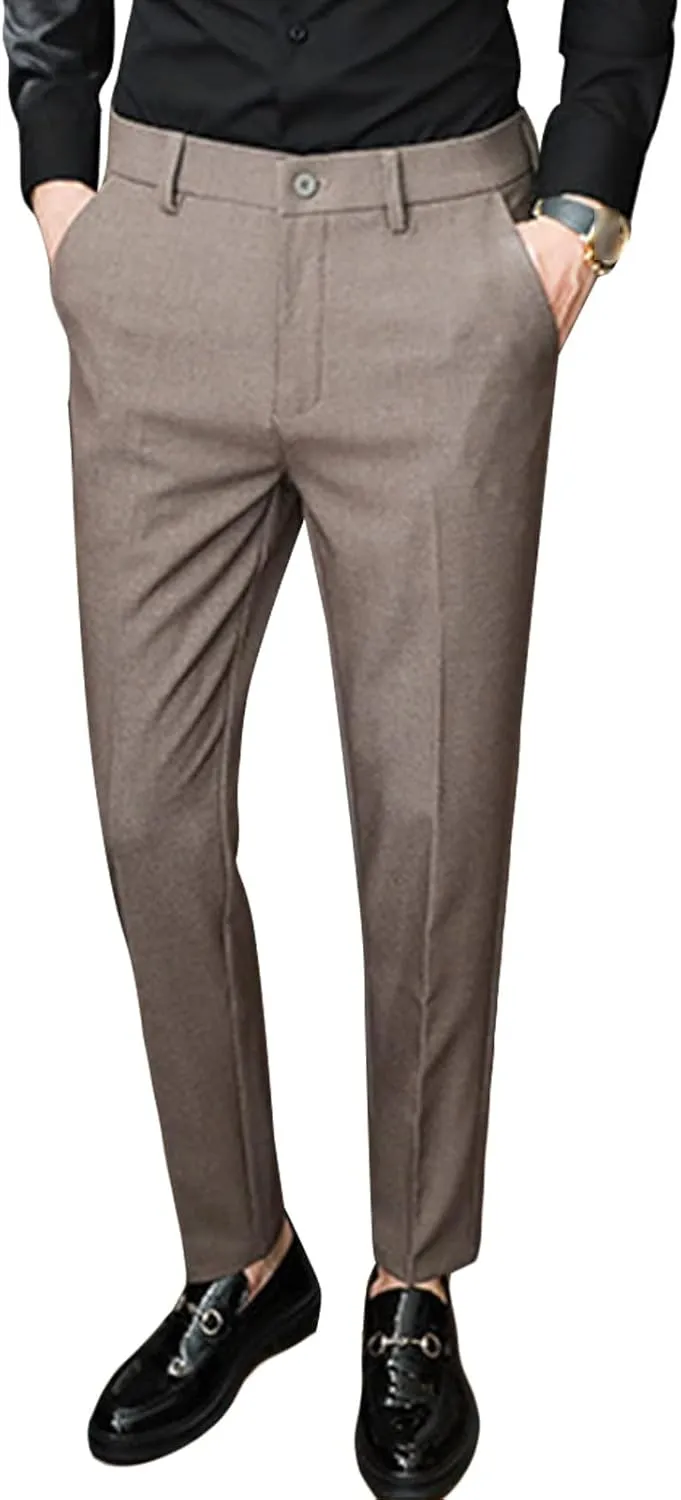 JEShifangjiusu Men's Skinny Stretchy Khaki Pants Slim Fit Slacks Tapered Trousers Wrinkle-Free Comfort Dress Chino Pant, Brown, 36