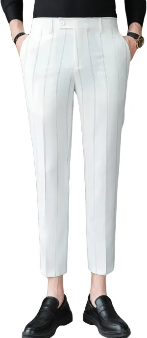 JEShifangjiusu Men's Slim Fit Dress Pants Chinos Plaid Striped Stretch Pant Flat-Front Skinny Business Pencil Long Pants (30,White), White, 30