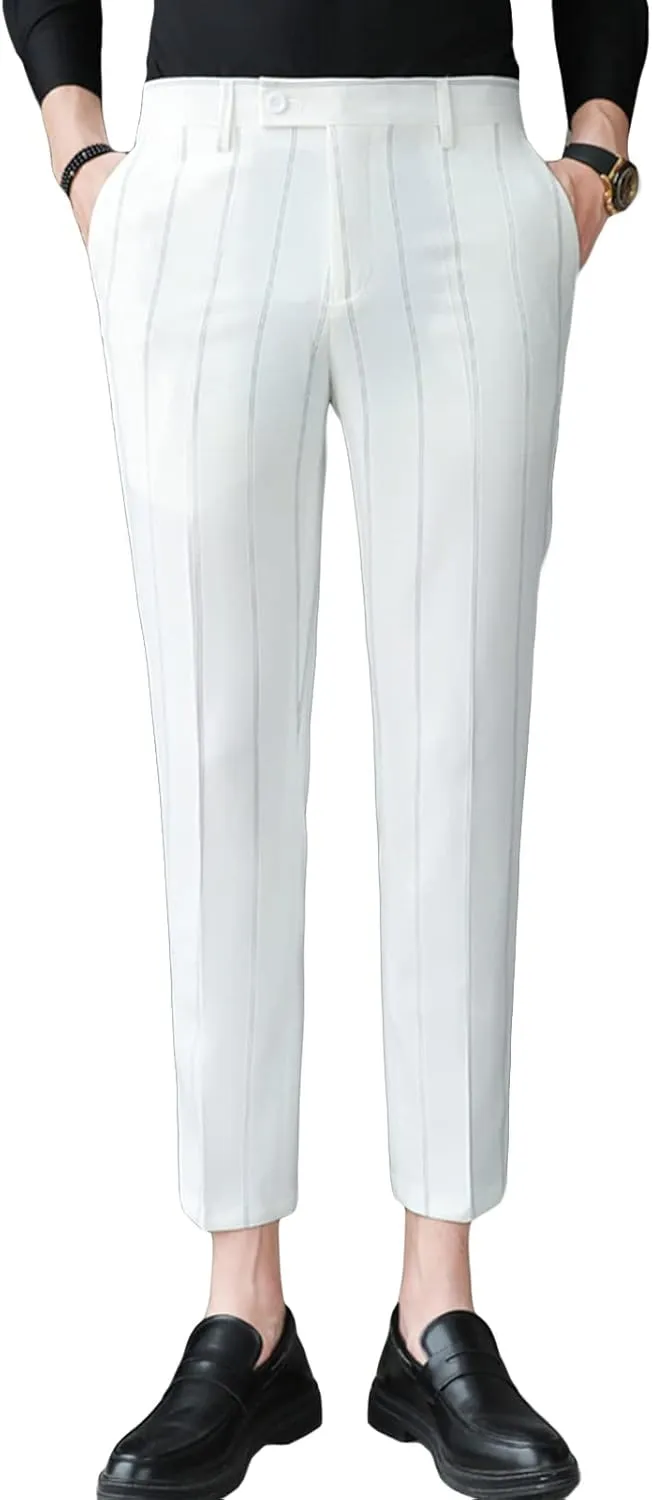 JEShifangjiusu Men's Slim Fit Dress Pants Chinos Plaid Striped Stretch Pant Flat-Front Skinny Business Pencil Long Pants (30,White), White, 30