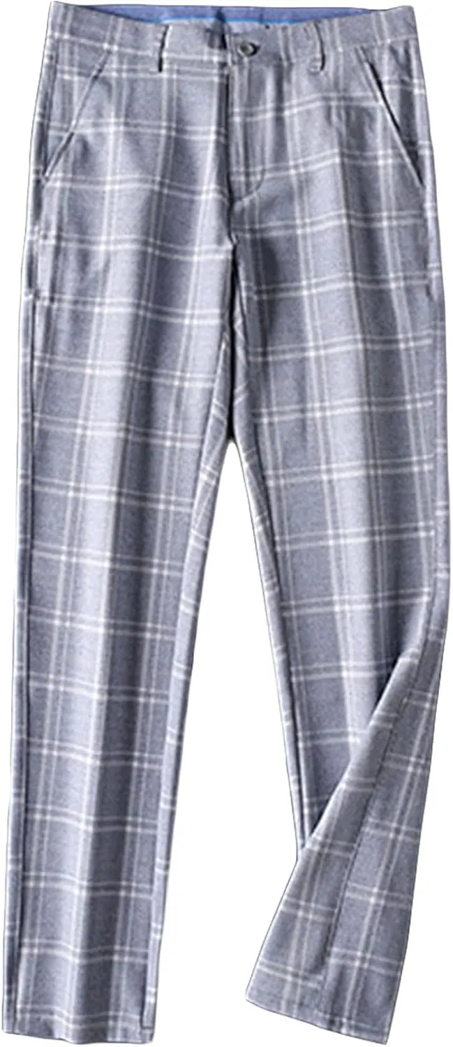 JEShifangjiusu Men's Slim-Fit Flat-Front Dress Pant Straight Fit Plaid Stretch Skinny Casual Business Dress Chinos Pants (36,Light Blue), Light Blue, 36