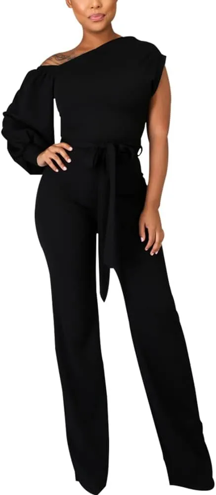 JTNFairy Women's Summer One Shoulder Dressy Stretchy Jumpsuit Casual High Waist Wrap Jumpsuit with Pockets