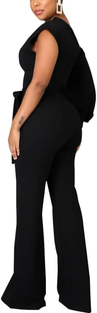 JTNFairy Women's Summer One Shoulder Dressy Stretchy Jumpsuit Casual High Waist Wrap Jumpsuit with Pockets