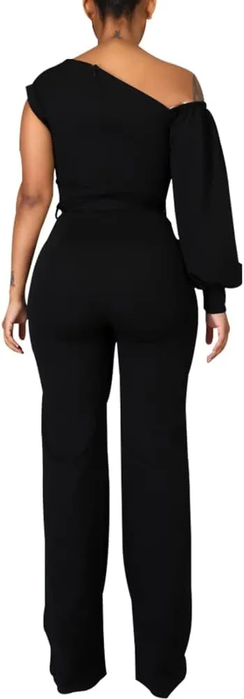JTNFairy Women's Summer One Shoulder Dressy Stretchy Jumpsuit Casual High Waist Wrap Jumpsuit with Pockets