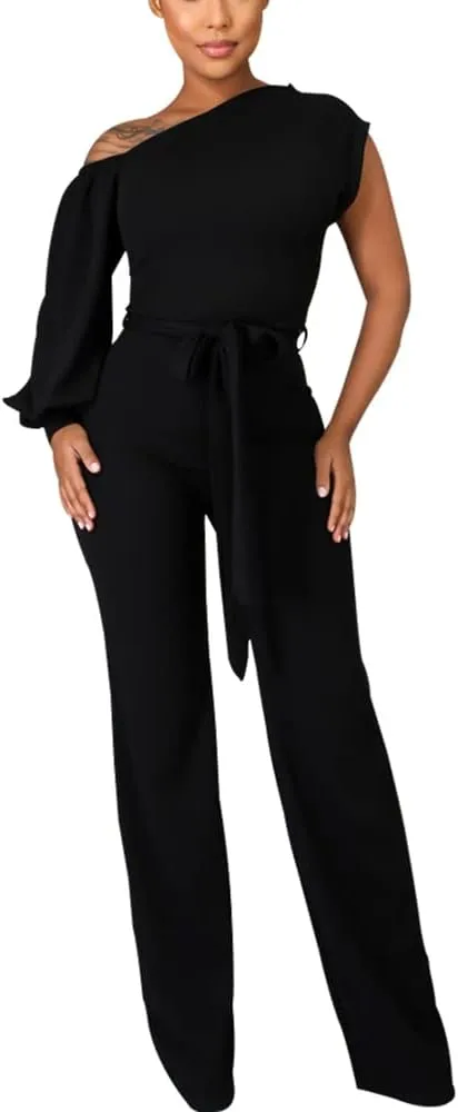 JTNFairy Women's Summer One Shoulder Dressy Stretchy Jumpsuit Casual High Waist Wrap Jumpsuit with Pockets