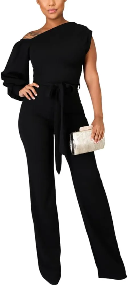 JTNFairy Women's Summer One Shoulder Dressy Stretchy Jumpsuit Casual High Waist Wrap Jumpsuit with Pockets