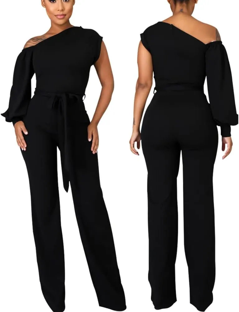 JTNFairy Women's Summer One Shoulder Dressy Stretchy Jumpsuit Casual High Waist Wrap Jumpsuit with Pockets
