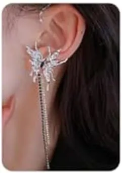 Jumwrit Silver Butterfly Earrings Ear Cuffs Long Tassel Rhinestone Earrings Fairy Ear Cuffs for Women Costume Cosplay Party One Side Stud EarringsRight Ear Cuff