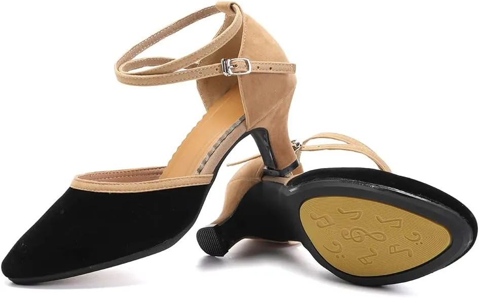 JUODVMP Women's Ballroom Dance Shoes Closed Toe Satin Modern Latin Dance Shoes Crisscross Belt Women Model DY212