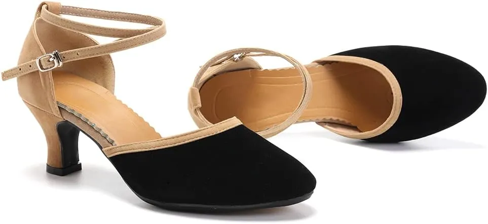 JUODVMP Women's Ballroom Dance Shoes Closed Toe Satin Modern Latin Dance Shoes Crisscross Belt Women Model DY212