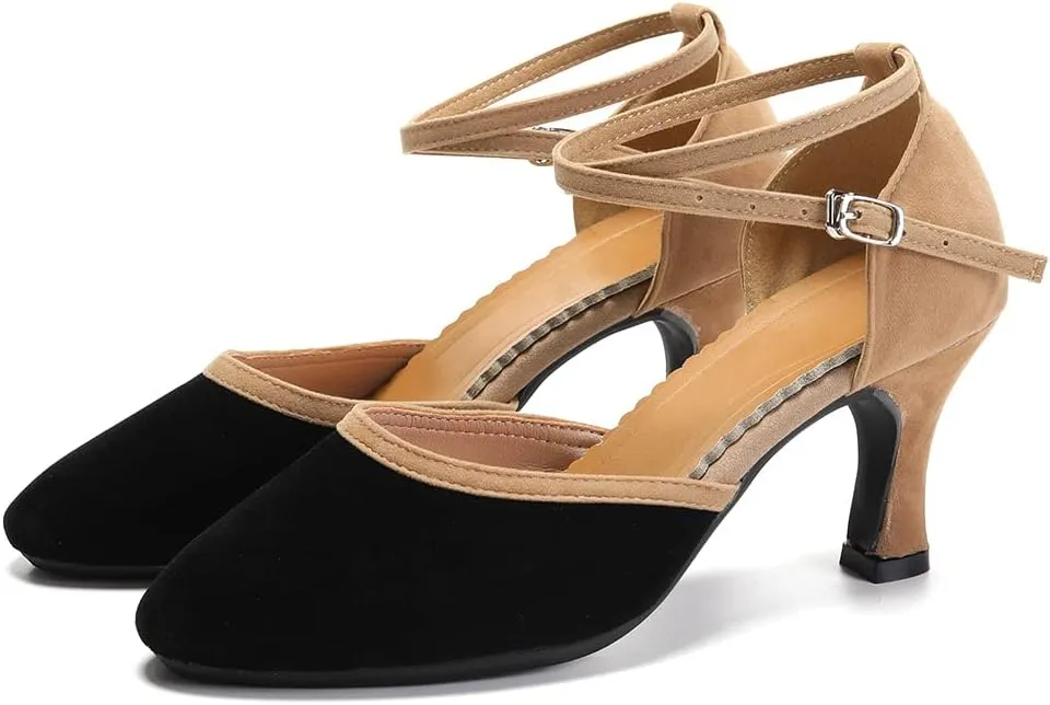 JUODVMP Women's Ballroom Dance Shoes Closed Toe Satin Modern Latin Dance Shoes Crisscross Belt Women Model DY212