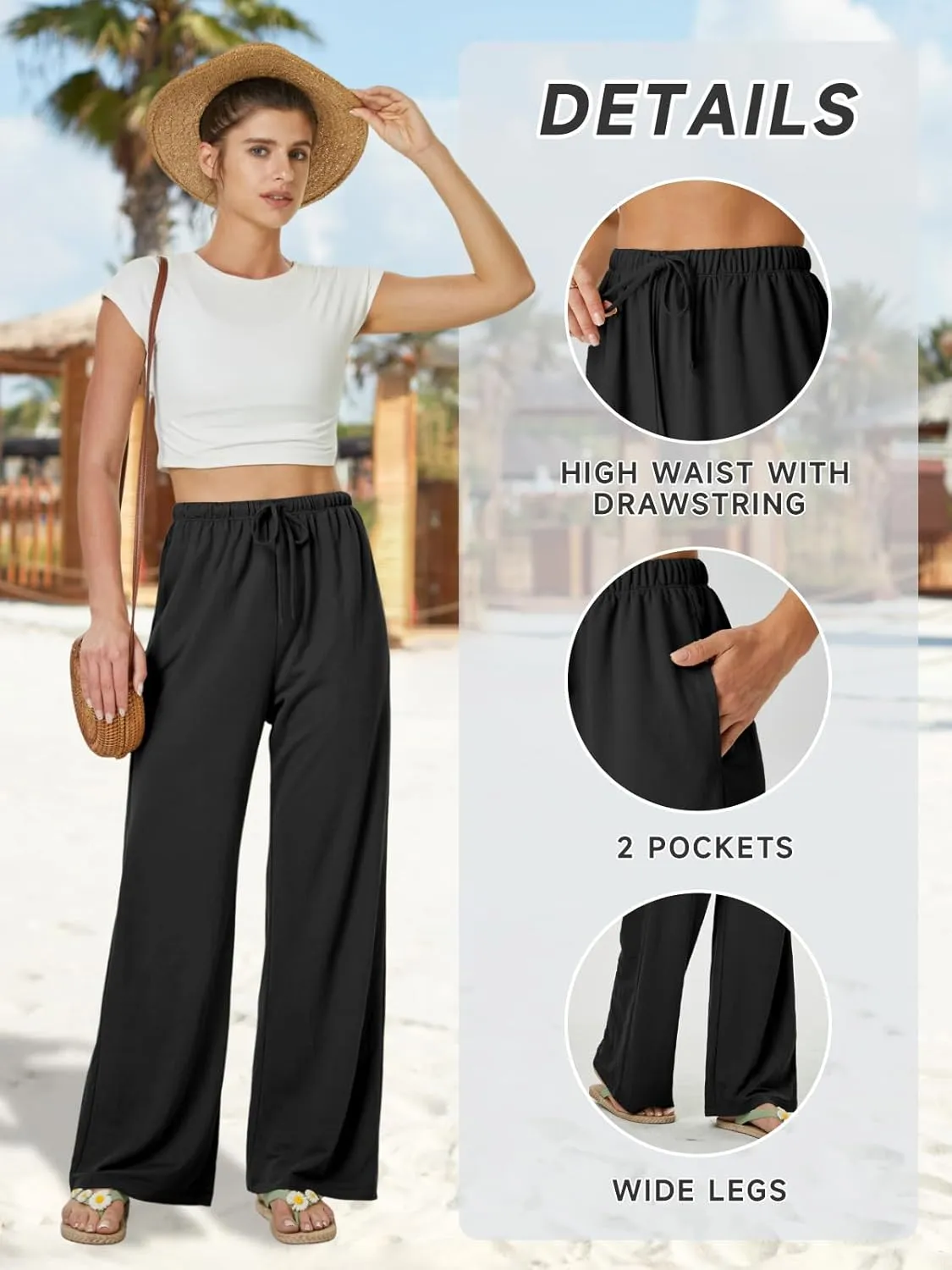 keriffe Summer Outfits Flowy Palazzo Pants for Women 2025 High Waisted Wide Leg Beach Casual Vacation Pants Trousers Pockets