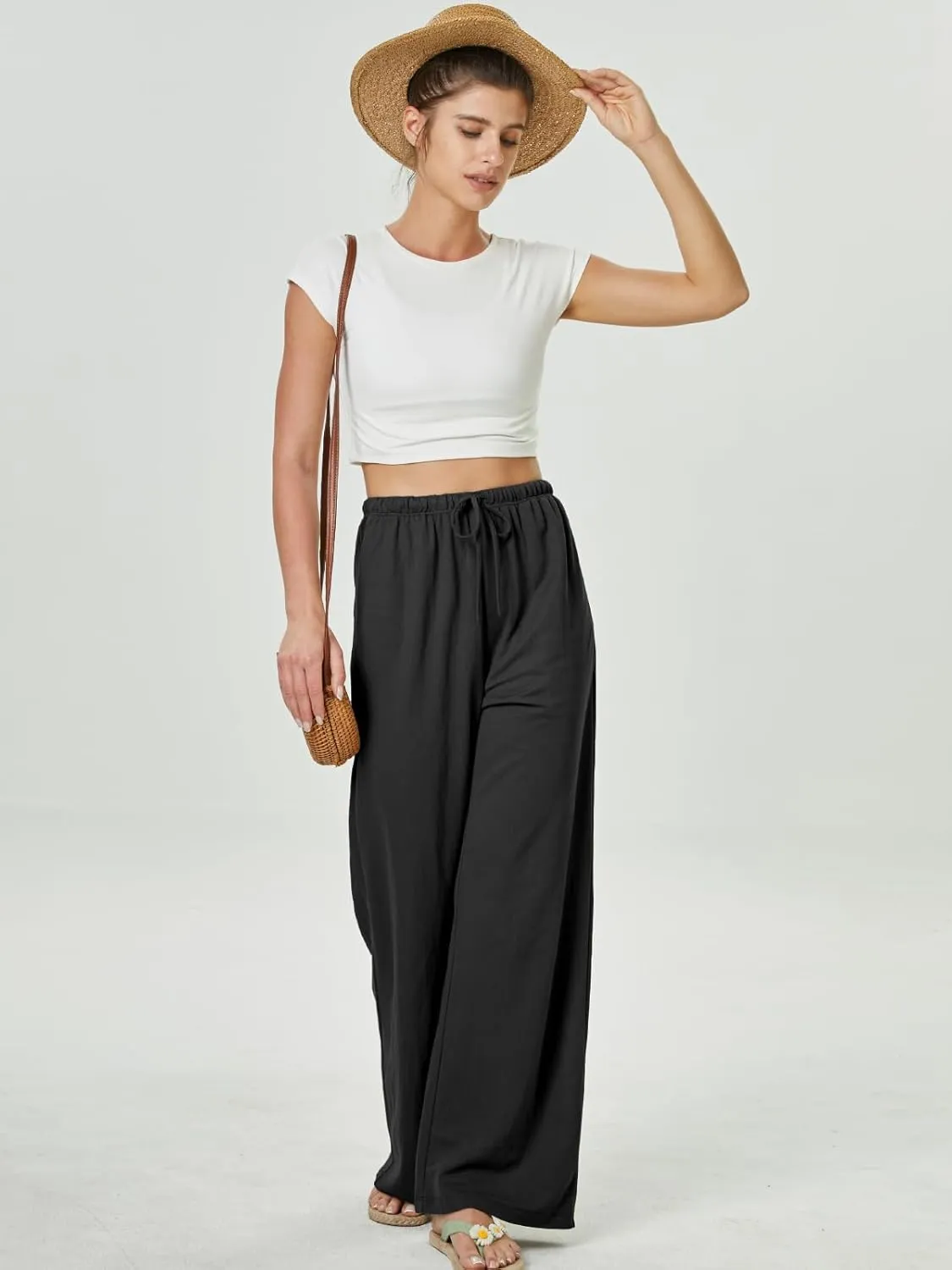 keriffe Summer Outfits Flowy Palazzo Pants for Women 2025 High Waisted Wide Leg Beach Casual Vacation Pants Trousers Pockets