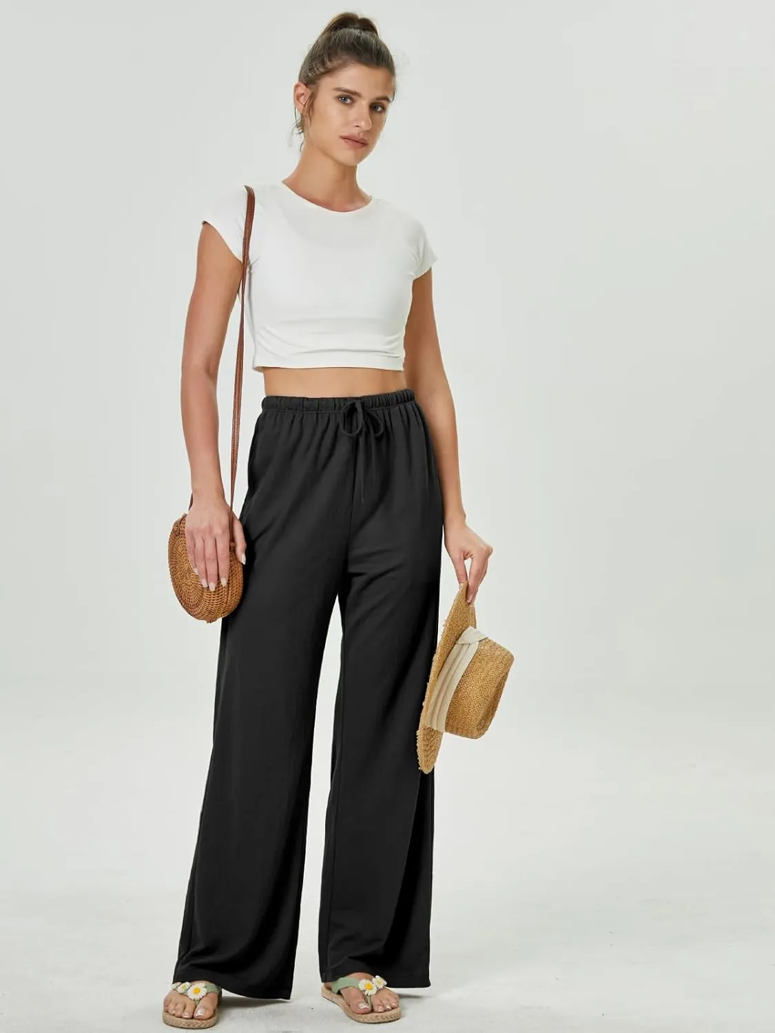 keriffe Summer Outfits Flowy Palazzo Pants for Women 2025 High Waisted Wide Leg Beach Casual Vacation Pants Trousers Pockets