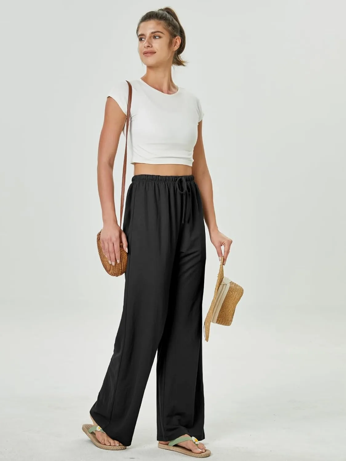 keriffe Summer Outfits Flowy Palazzo Pants for Women 2025 High Waisted Wide Leg Beach Casual Vacation Pants Trousers Pockets
