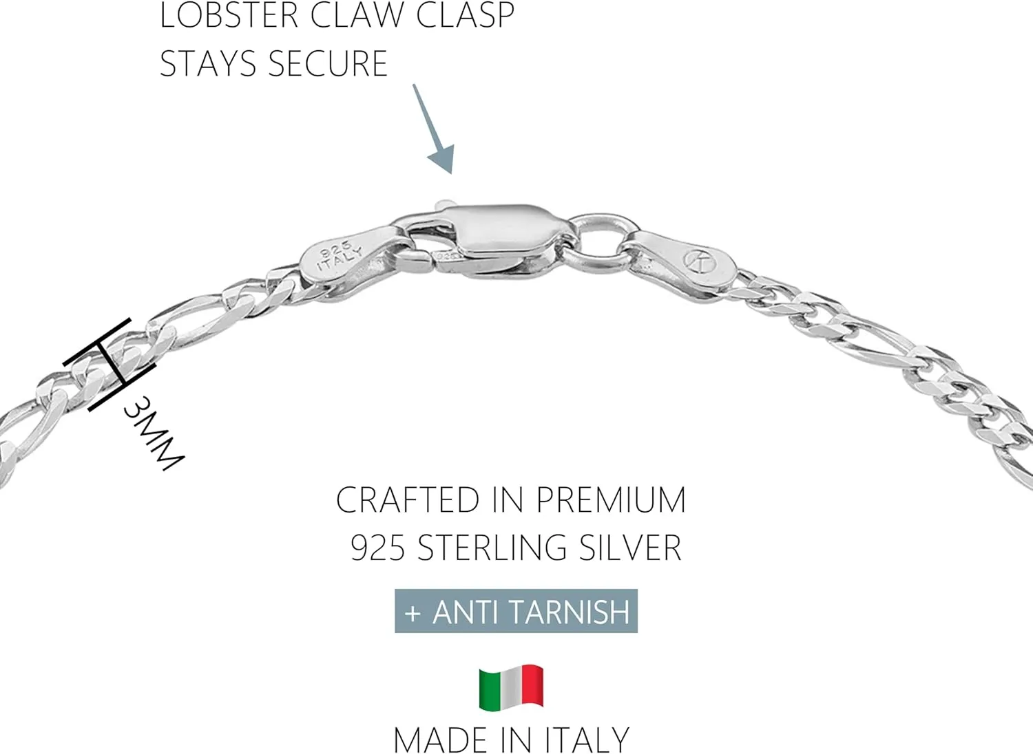 KISPER Solid 925 Sterling Silver Chain Bracelets for Women, Waterproof Tarnish Resistant, Curb/Rope/Figaro/Mariner Link Bracelet, 6.5, 7, 8, 9 Inch