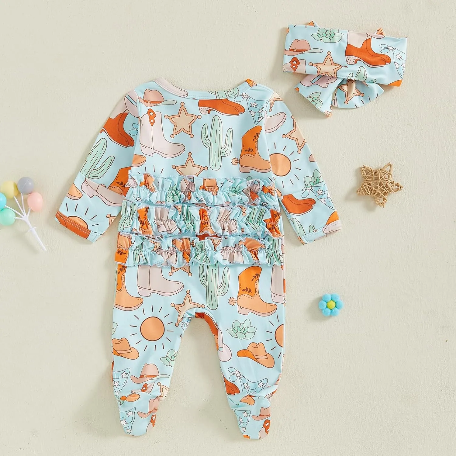 KMBANGI Newborn Baby Girl Western Outfits Ruffle Zipper Boots Footie Jumpsuit Long Sleeve One Piece Cowgirl Clothes 0-12M