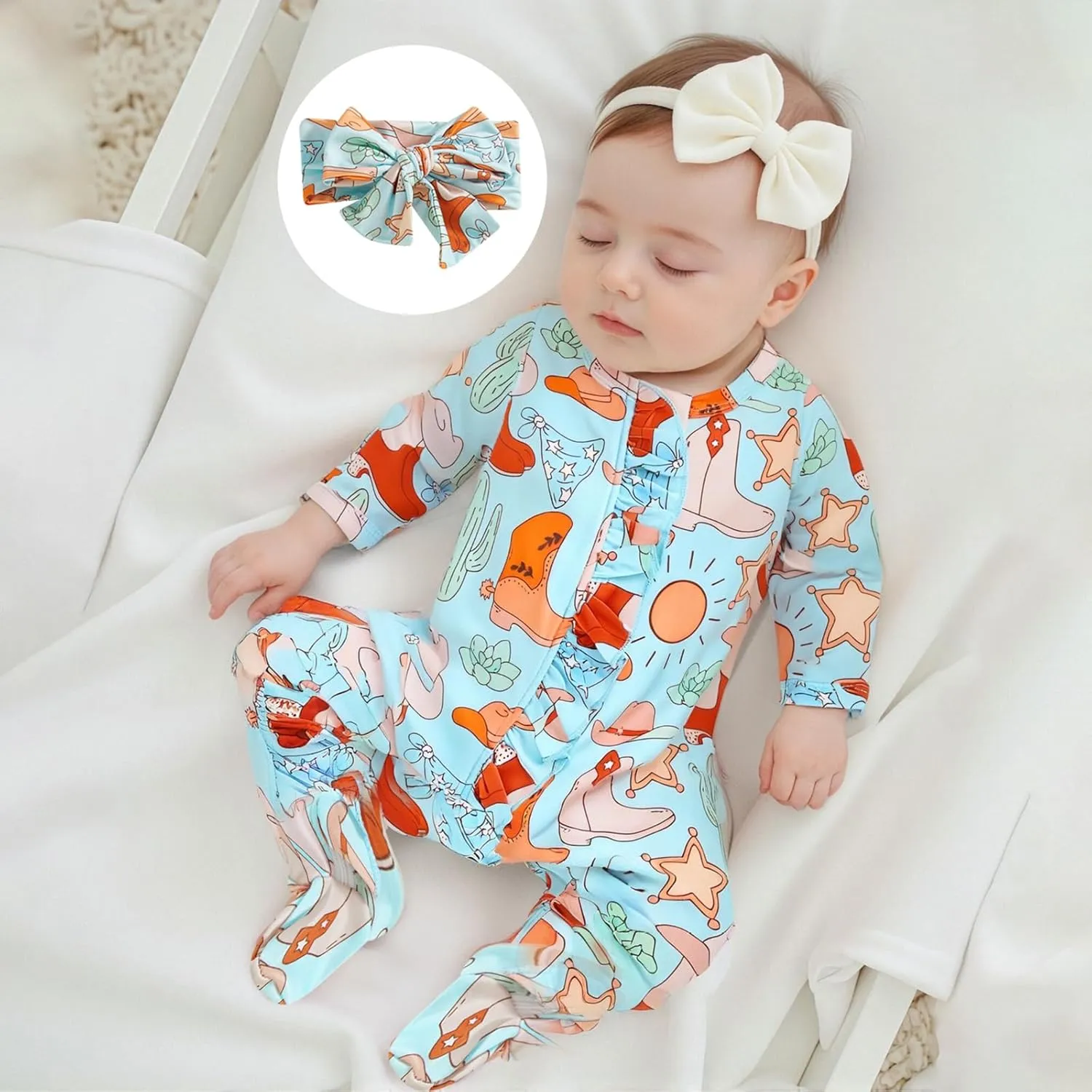 KMBANGI Newborn Baby Girl Western Outfits Ruffle Zipper Boots Footie Jumpsuit Long Sleeve One Piece Cowgirl Clothes 0-12M