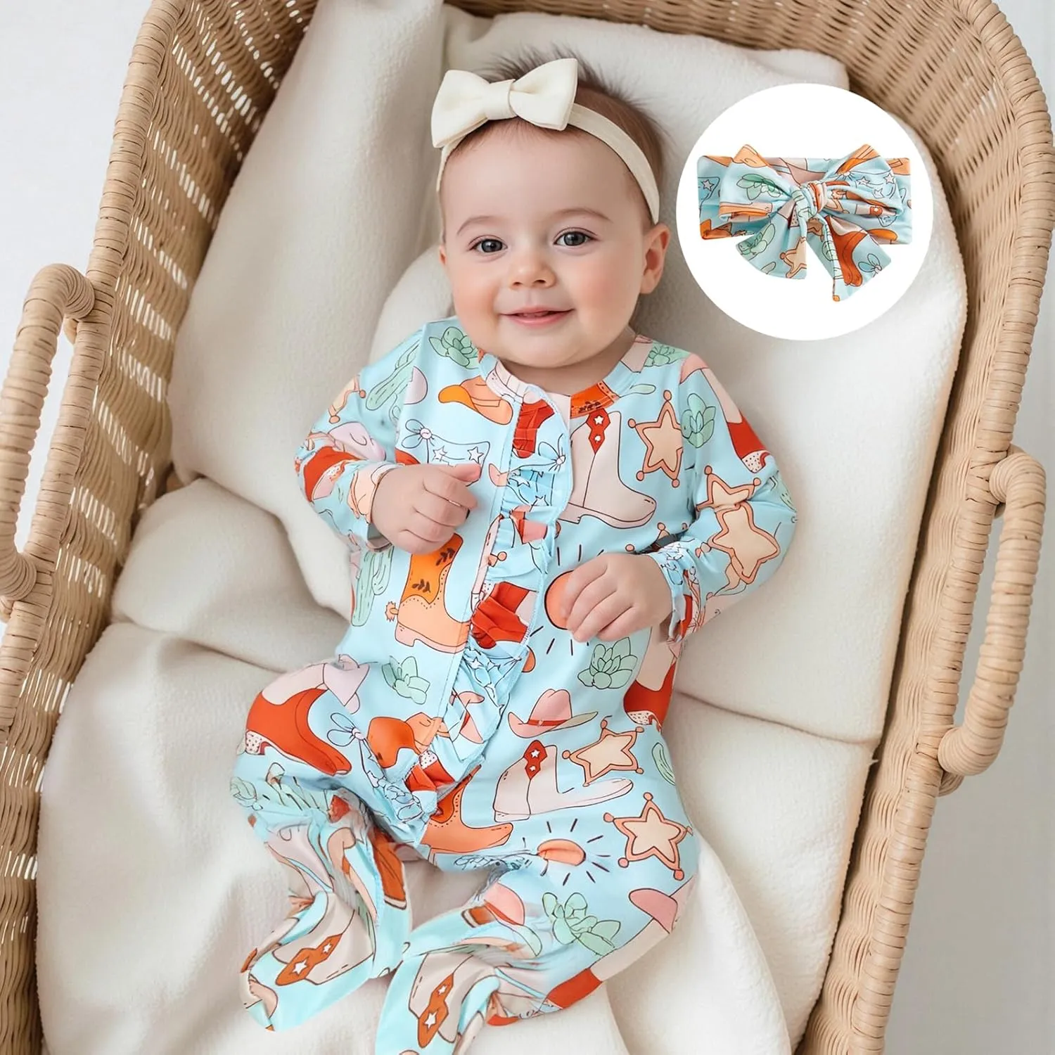 KMBANGI Newborn Baby Girl Western Outfits Ruffle Zipper Boots Footie Jumpsuit Long Sleeve One Piece Cowgirl Clothes 0-12M