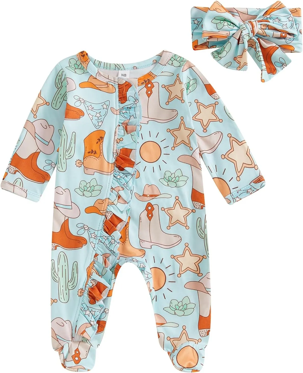 KMBANGI Newborn Baby Girl Western Outfits Ruffle Zipper Boots Footie Jumpsuit Long Sleeve One Piece Cowgirl Clothes 0-12M
