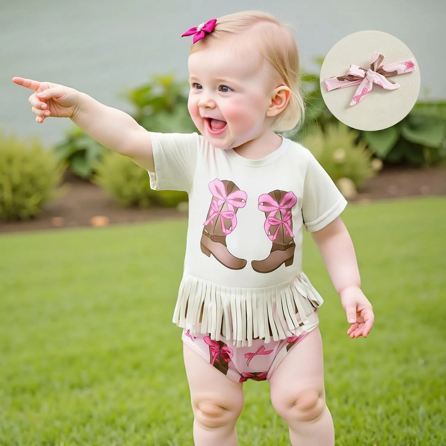 KMBANGI Toddler Baby Girl Western Clothes Short Sleeve Boots Bow Tassels Shirt Cow Floral Bloomer Shorts Baby Cowgirl Outfit