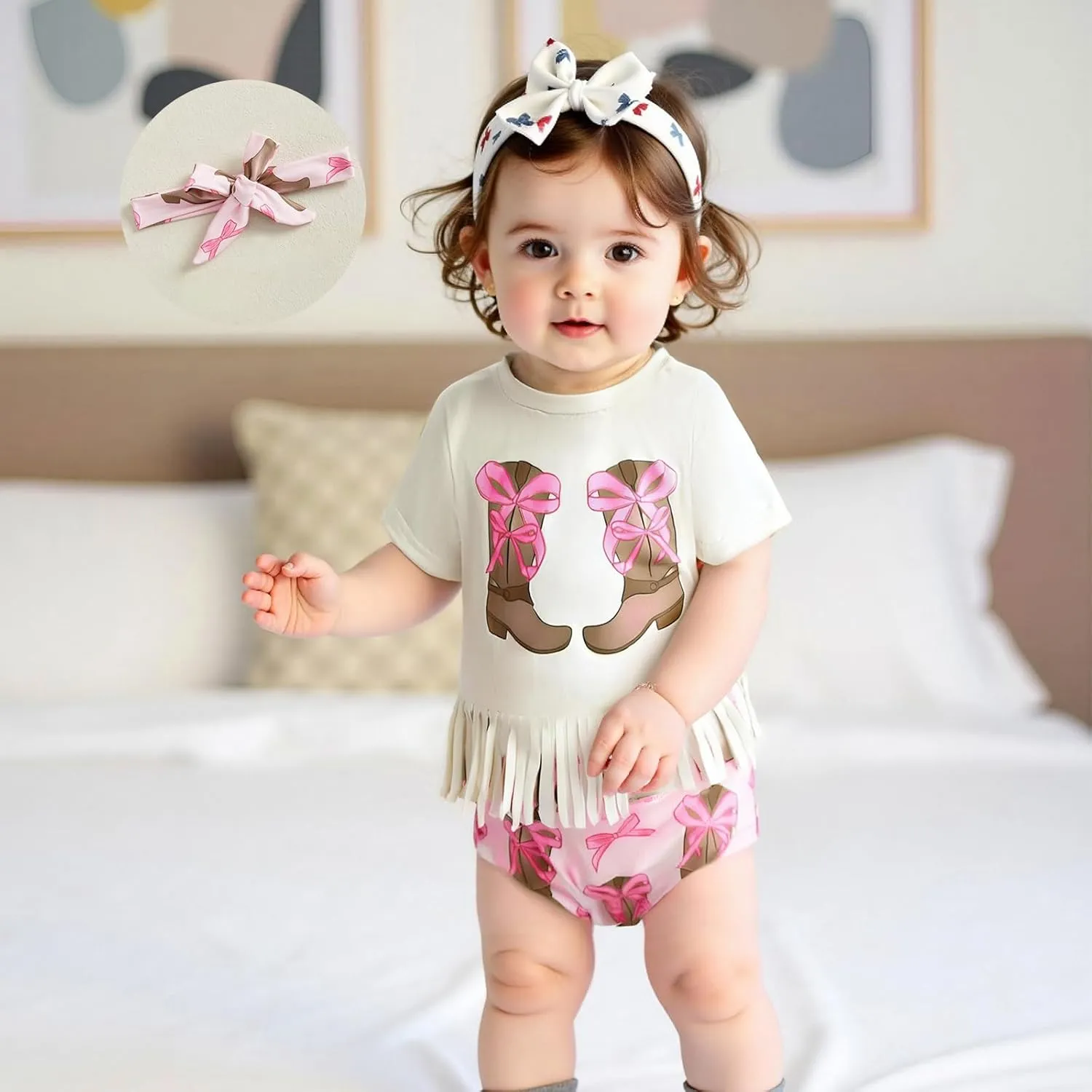 KMBANGI Toddler Baby Girl Western Clothes Short Sleeve Boots Bow Tassels Shirt Cow Floral Bloomer Shorts Baby Cowgirl Outfit