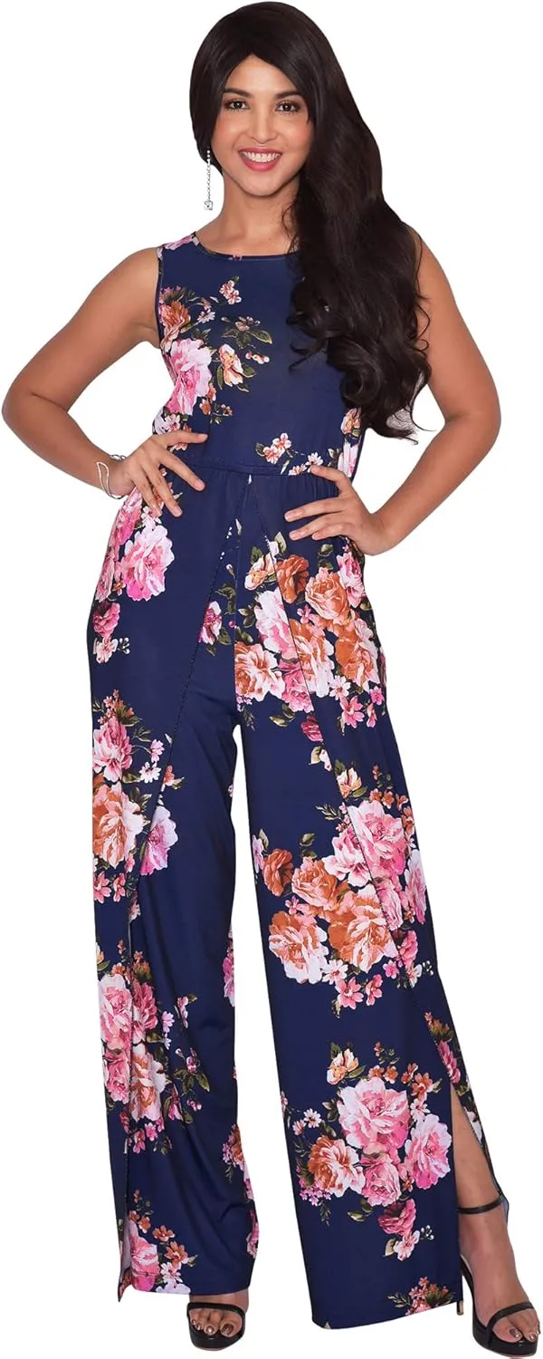 KOH KOH Womens Floral Print Sleeveless Wide Leg One Piece Romper Playsuit Jumper