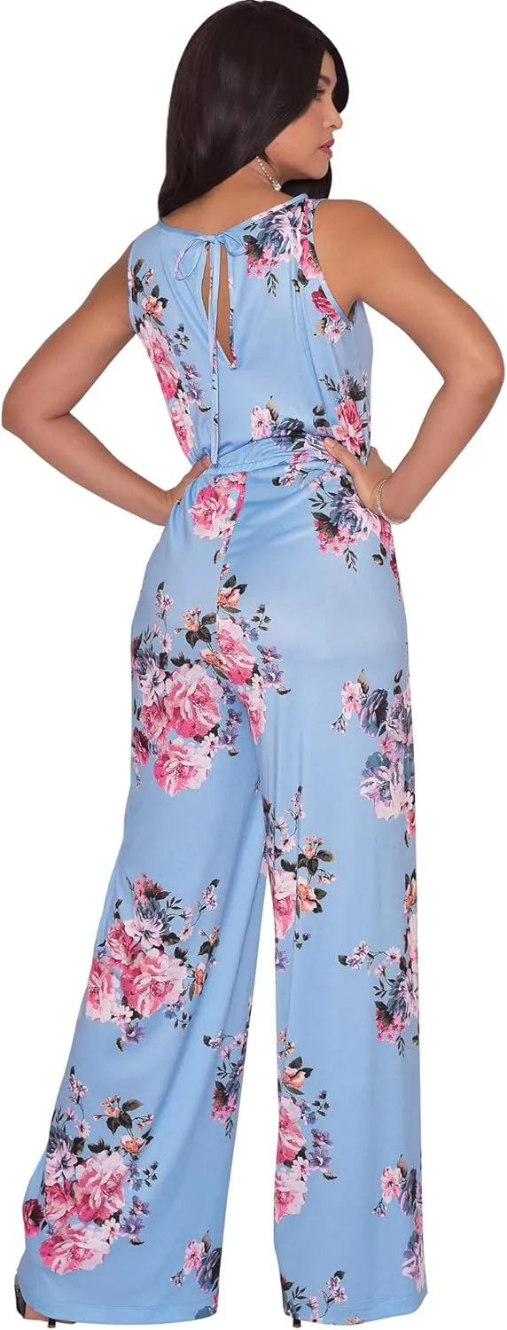 KOH KOH Womens Floral Print Sleeveless Wide Leg One Piece Romper Playsuit Jumper