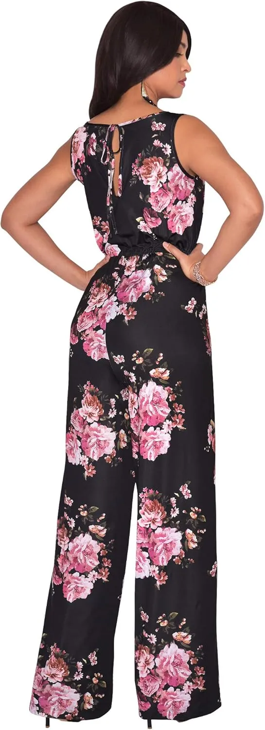 KOH KOH Womens Floral Print Sleeveless Wide Leg One Piece Romper Playsuit Jumper