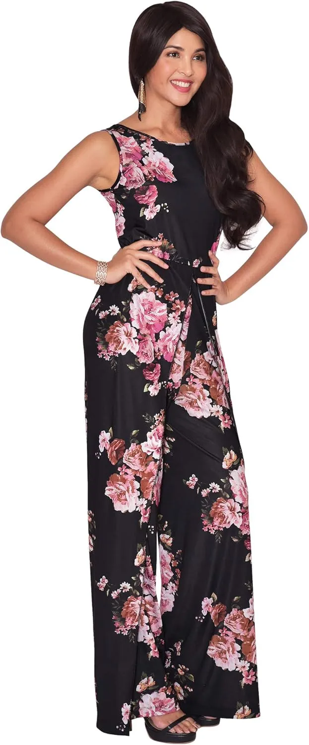 KOH KOH Womens Floral Print Sleeveless Wide Leg One Piece Romper Playsuit Jumper