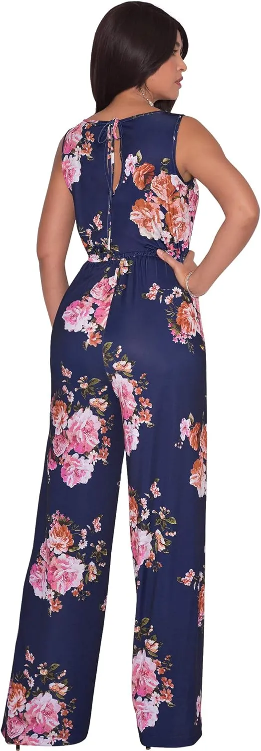 KOH KOH Womens Floral Print Sleeveless Wide Leg One Piece Romper Playsuit Jumper