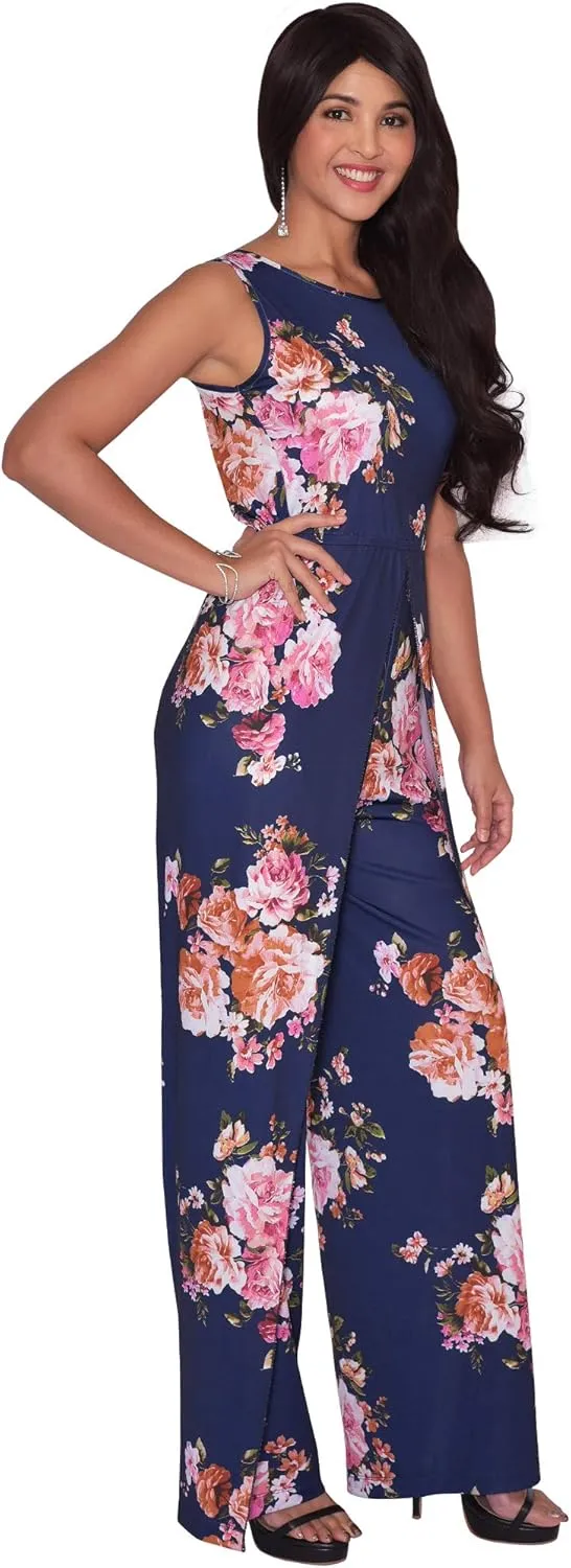 KOH KOH Womens Floral Print Sleeveless Wide Leg One Piece Romper Playsuit Jumper