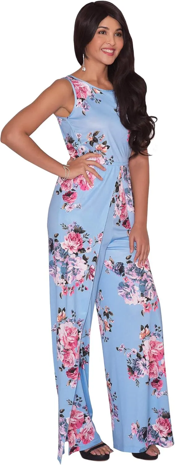 KOH KOH Womens Floral Print Sleeveless Wide Leg One Piece Romper Playsuit Jumper