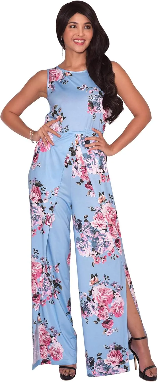 KOH KOH Womens Floral Print Sleeveless Wide Leg One Piece Romper Playsuit Jumper
