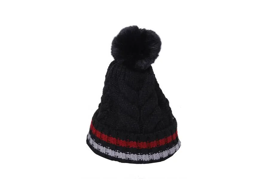 Ladies Faux Fur Pom Pom Winter Crochet Beanie Hat: Beige