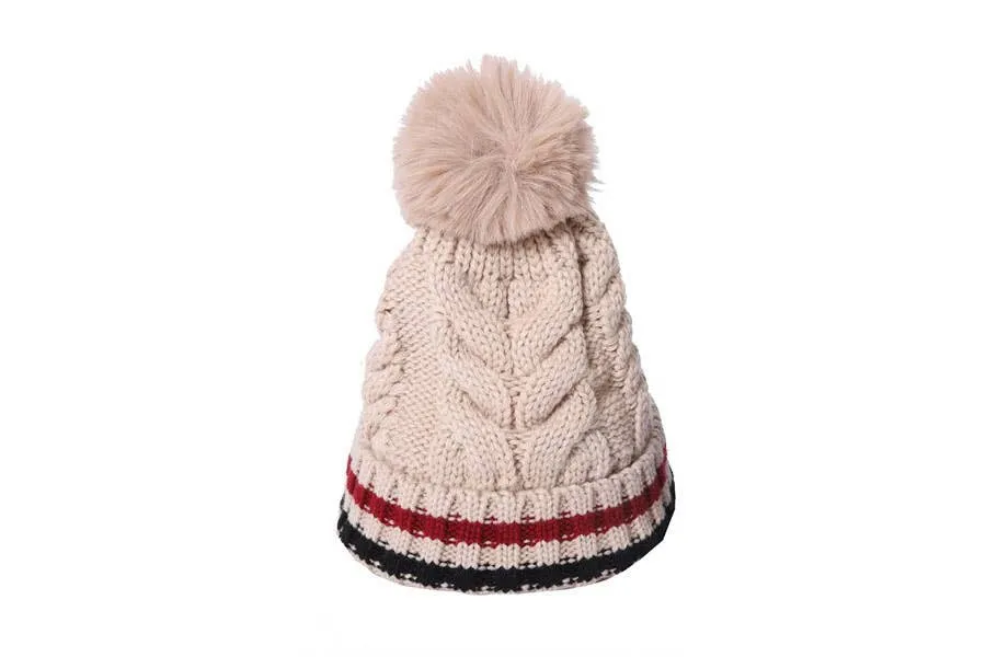 Ladies Faux Fur Pom Pom Winter Crochet Beanie Hat: Beige