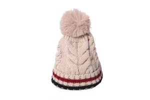 Ladies Faux Fur Pom Pom Winter Crochet Beanie Hat: Beige