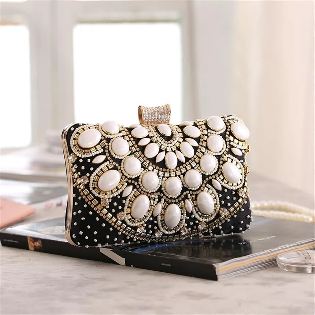 Large Pearl Evening Bag European and American Ladies Clutch Bag Evening Gift Bag Beaded Small Square Bag(E)