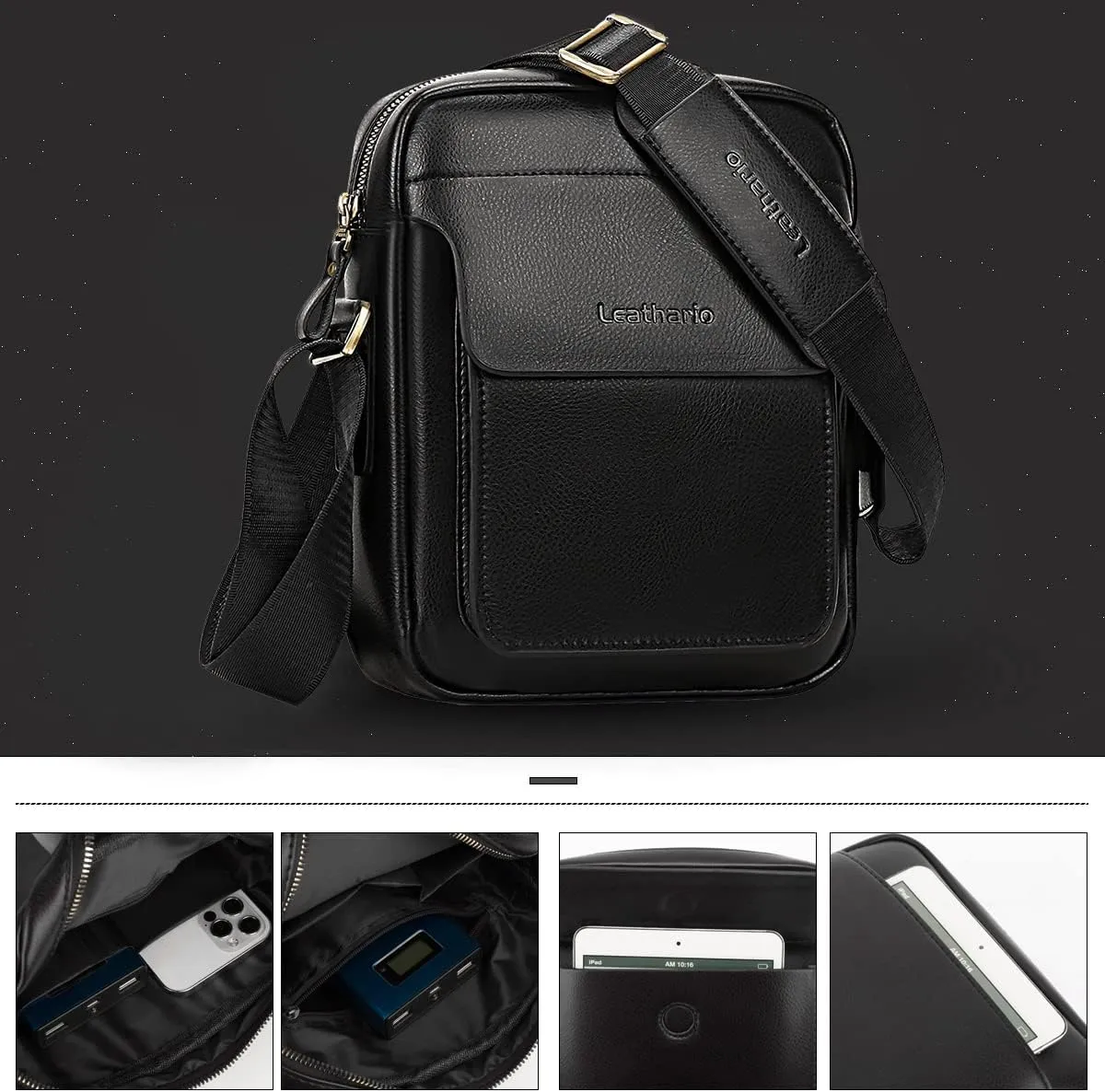Leathario Crossbody Bag For Men Vegan Leather Shoulder Messenger Purse Sling Satchel Bag For Work Business Travel