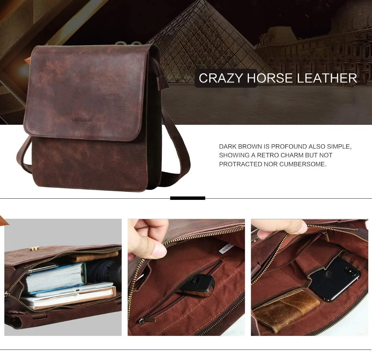 Leathario men's crossbody bag Leather shoulder bag for men messenger Retro PAD Bag Satchel Sling Travel Work