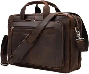 Lightweight Leather Messenger Bag for Men 17 Inch Waterproof Vintage Business Travel Vacation Office Briefcase