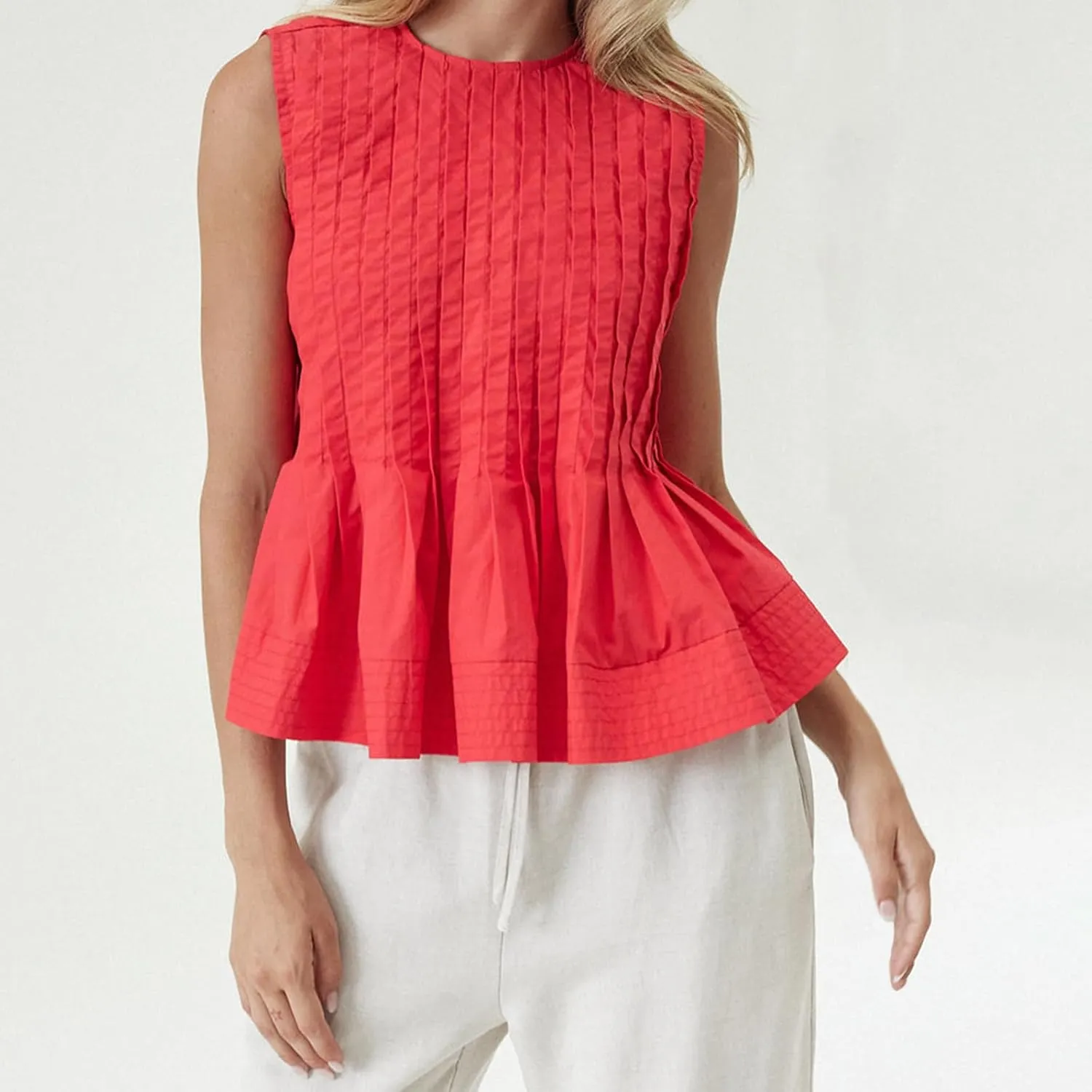 Linen Pleated Tank Top for Women Button Front Babydoll Shirt Y2K Sleeveless Ruffle Peplum Blouse Summer Vest