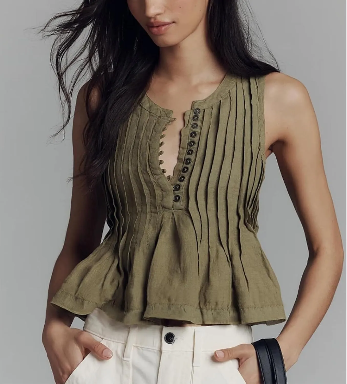 Linen Pleated Tank Top for Women Button Front Babydoll Shirt Y2K Sleeveless Ruffle Peplum Blouse Summer Vest