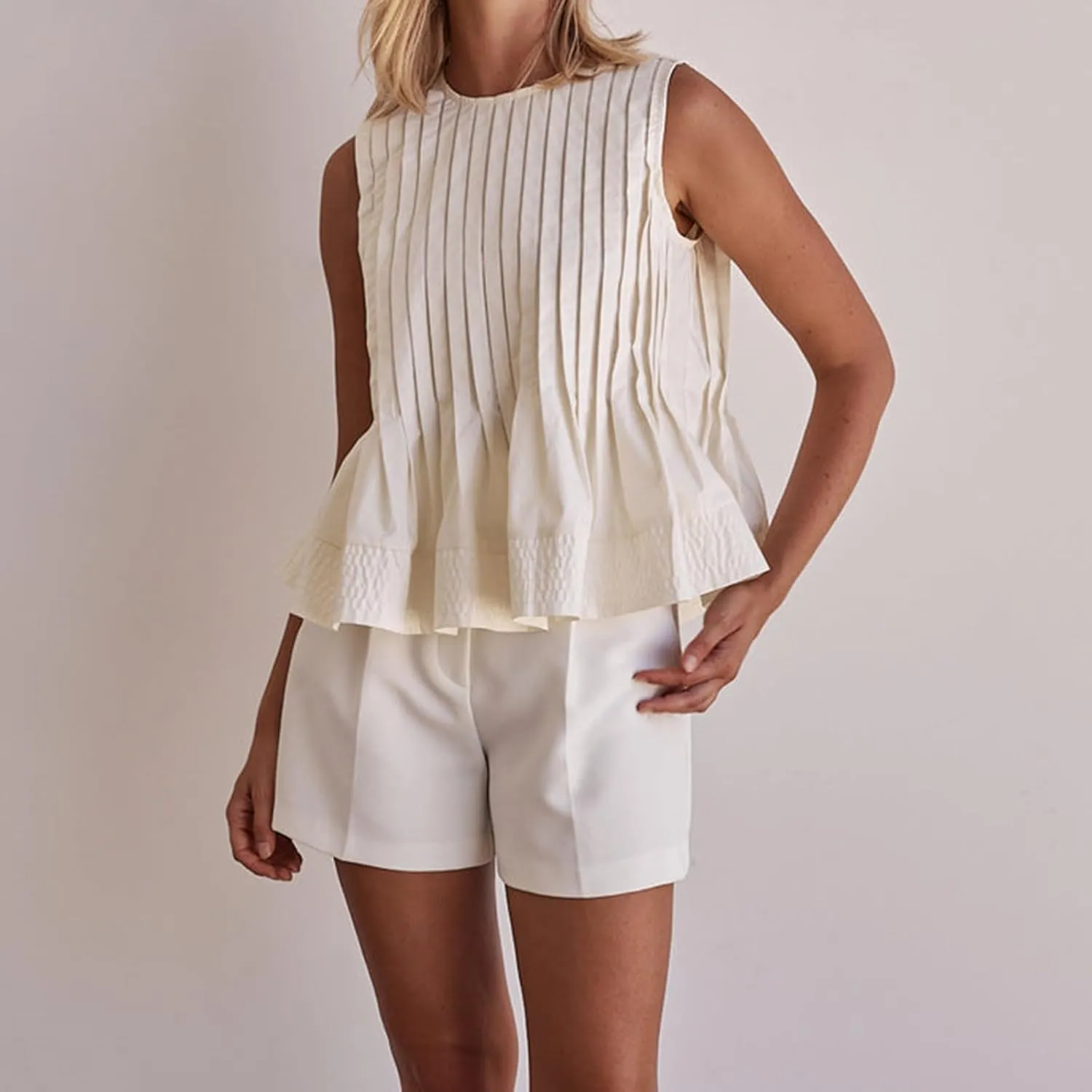 Linen Pleated Tank Top for Women Button Front Babydoll Shirt Y2K Sleeveless Ruffle Peplum Blouse Summer Vest
