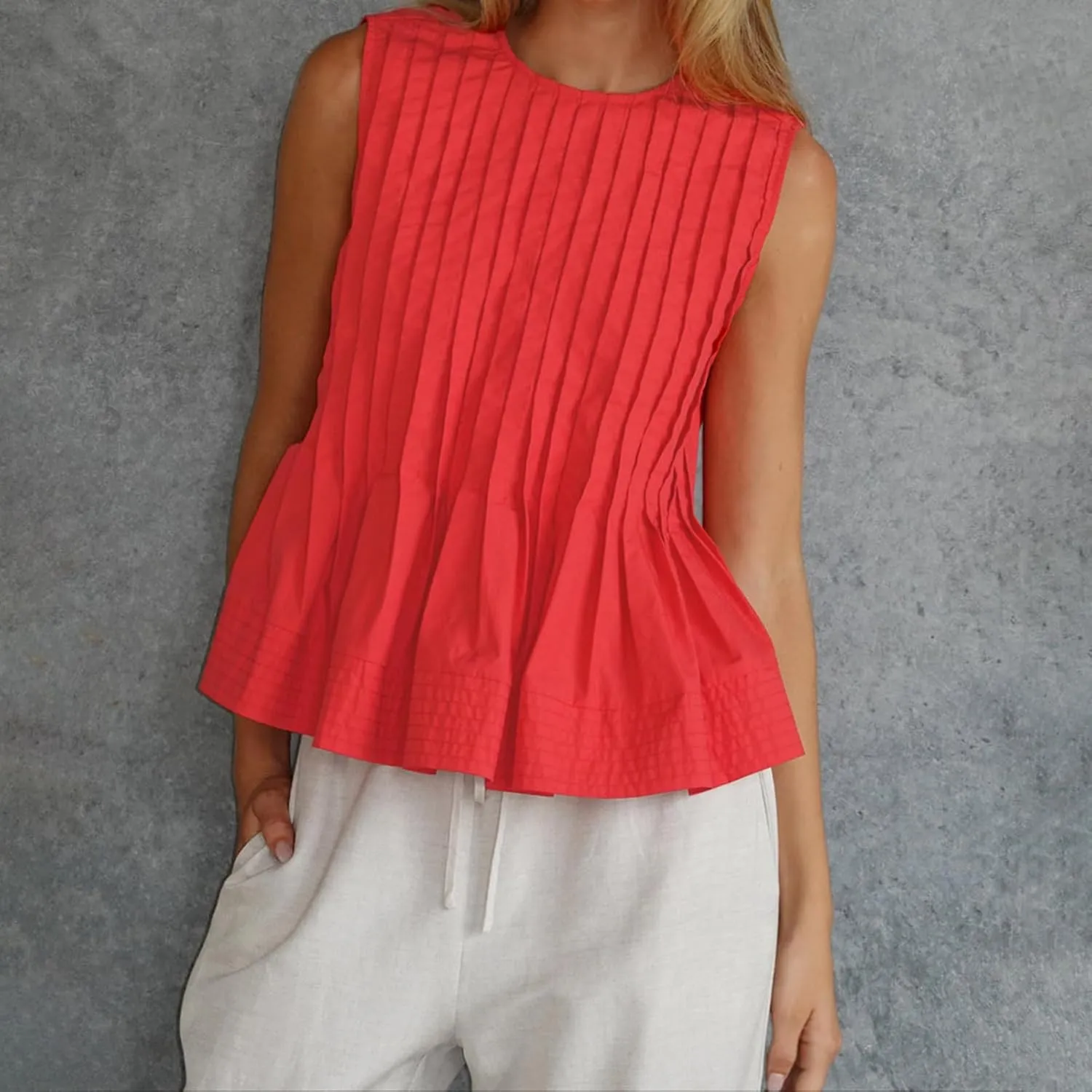 Linen Pleated Tank Top for Women Button Front Babydoll Shirt Y2K Sleeveless Ruffle Peplum Blouse Summer Vest